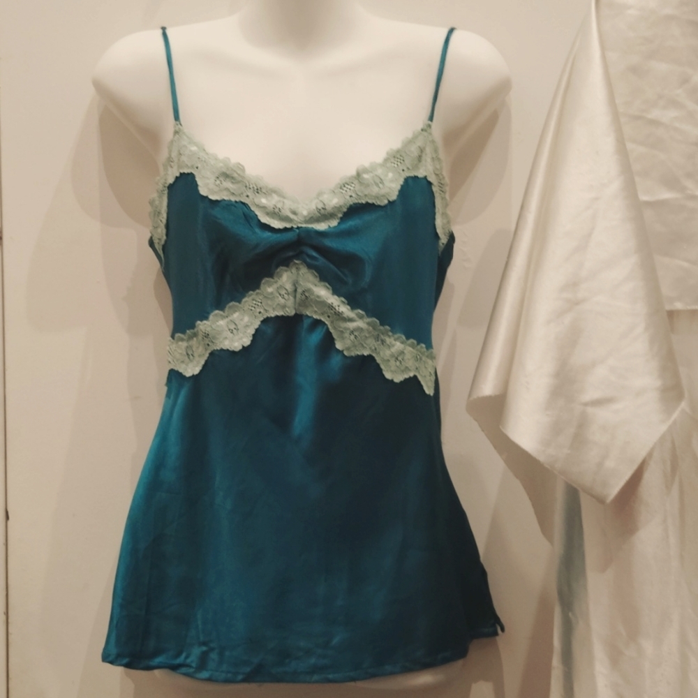 Teally green 96% silk 4% spandex camisole with lace trim S
